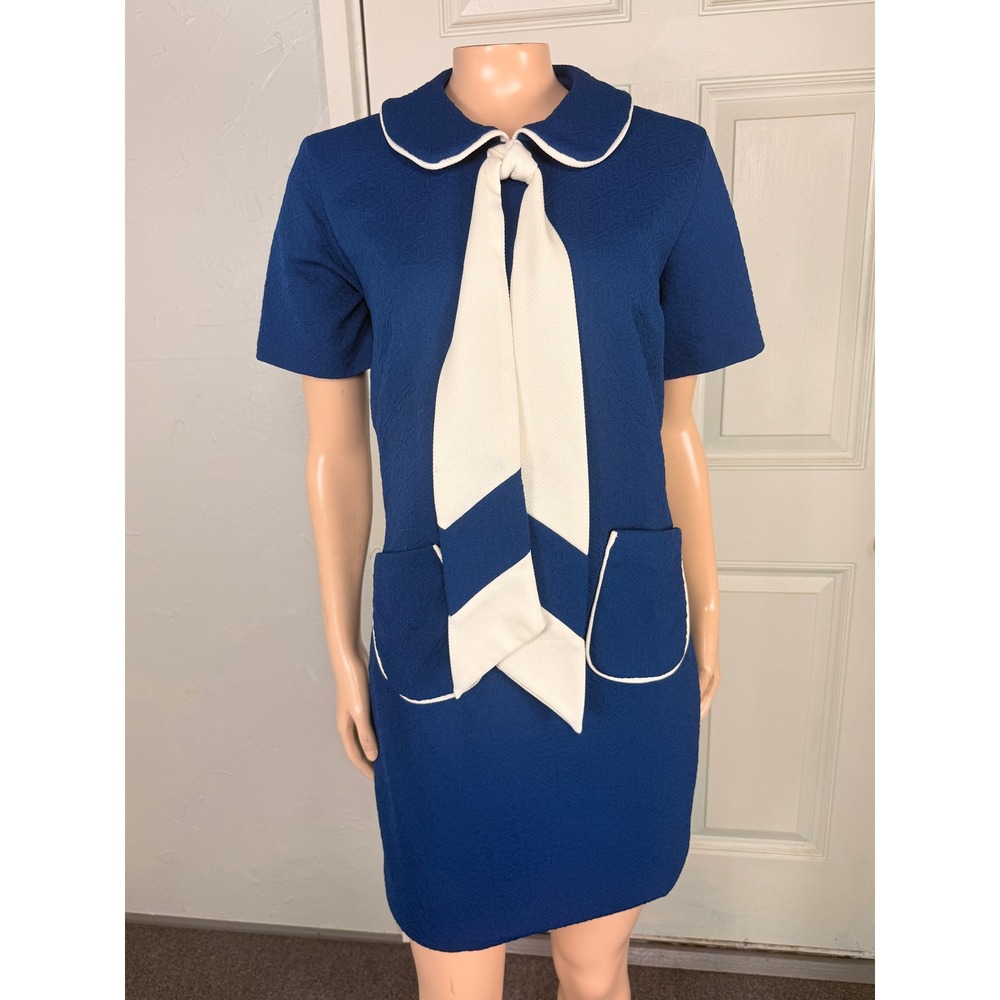 Vintage 60s 70s Sherri Classics Dress Polyester Knit Stewardess Pockets Tie KK25